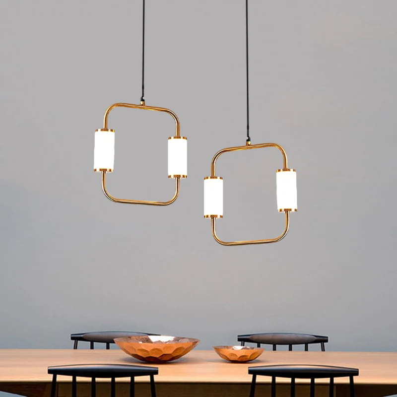 Eenvoudige LED-hangende hanglamp met witte glazen cilinderkap Messing driehoekige/ronde/vierkante plafondlamp Clearhalo