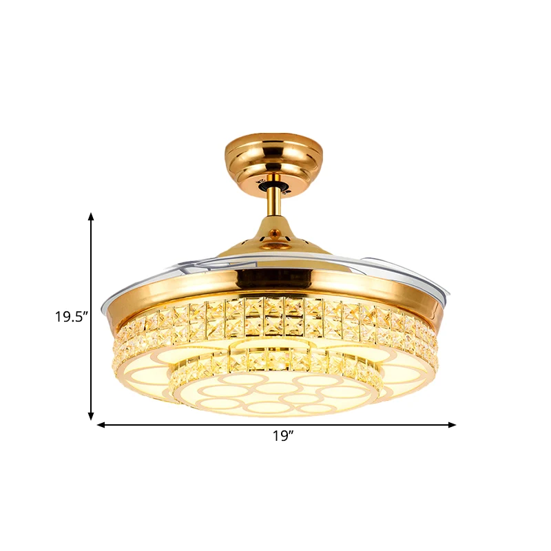 Eenvoudige LED-hangende ventilator met 4 bladen, verlichting, goudkleurige cirkel, halfverzonken montage met kristallen ka...