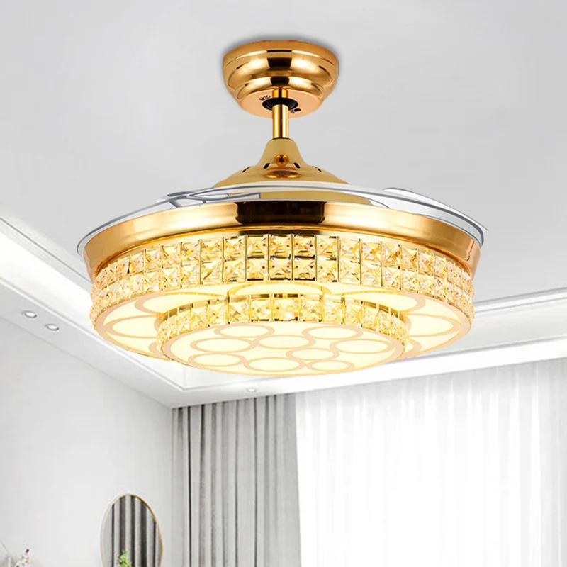 Eenvoudige LED-hangende ventilator met 4 bladen, verlichting, goudkleurige cirkel, halfverzonken montage met kristallen ka...