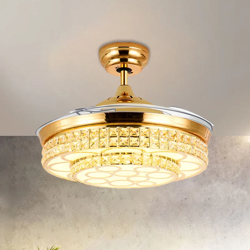 Eenvoudige LED-hangende ventilator met 4 bladen, verlichting, goudkleurige cirkel, halfverzonken montage met kristallen ka...