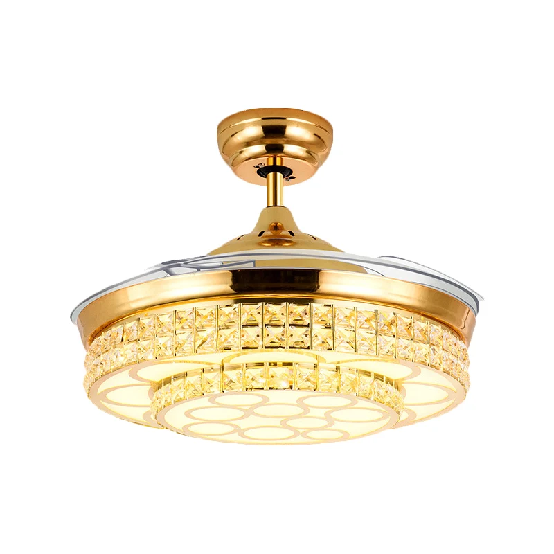 Eenvoudige LED-hangende ventilator met 4 bladen, verlichting, goudkleurige cirkel, halfverzonken montage met kristallen ka...