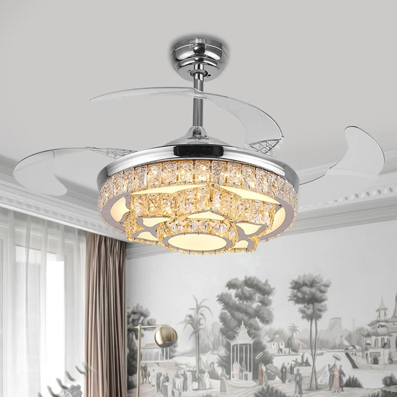 Eenvoudige Lotus hangende ventilatorlamp Kristalblok 19-inch brede LED-slaapkamer Semi-inbouwlicht goud/chroom met 4 blade...