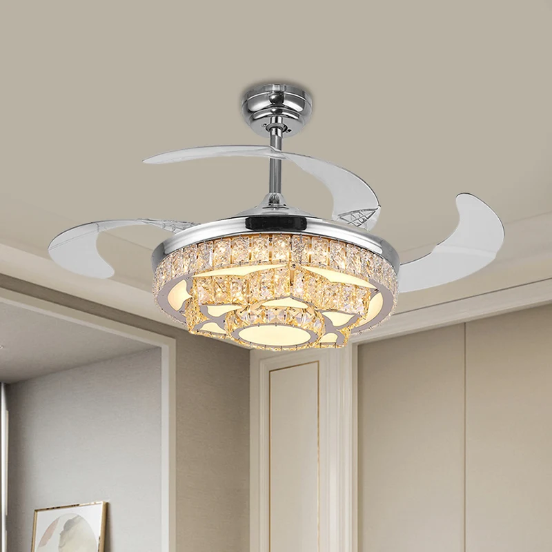 Eenvoudige Lotus hangende ventilatorlamp Kristalblok 19-inch brede LED-slaapkamer Semi-inbouwlicht goud/chroom met 4 blade...