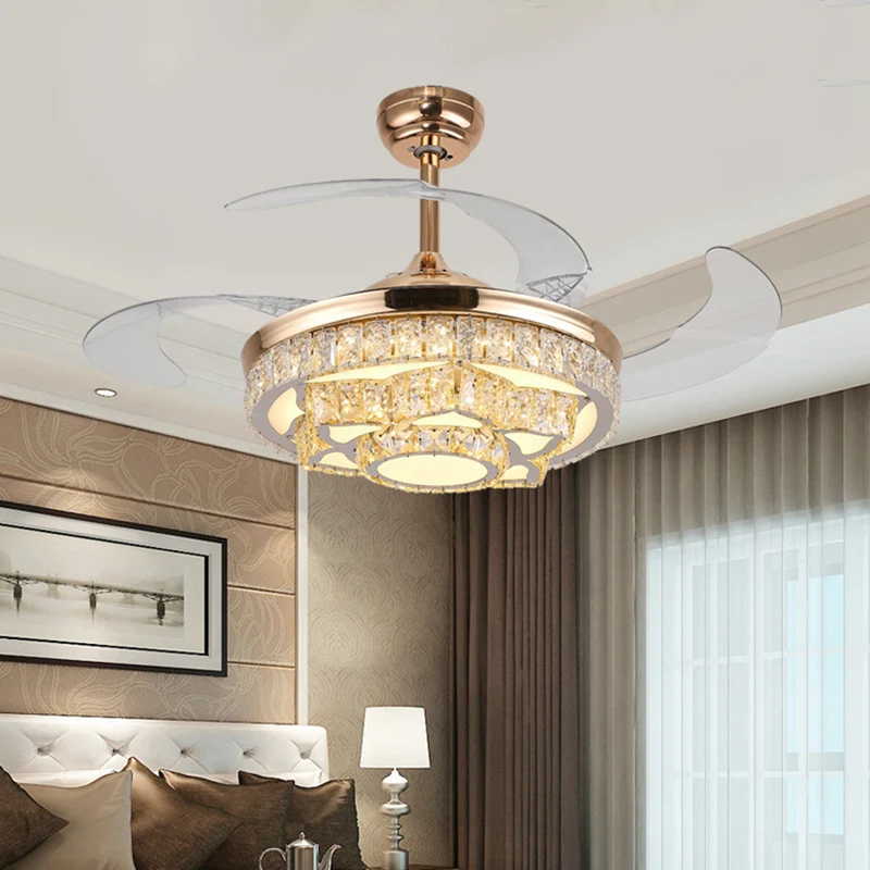 Eenvoudige Lotus hangende ventilatorlamp Kristalblok 19-inch brede LED-slaapkamer Semi-inbouwlicht goud/chroom met 4 blade...