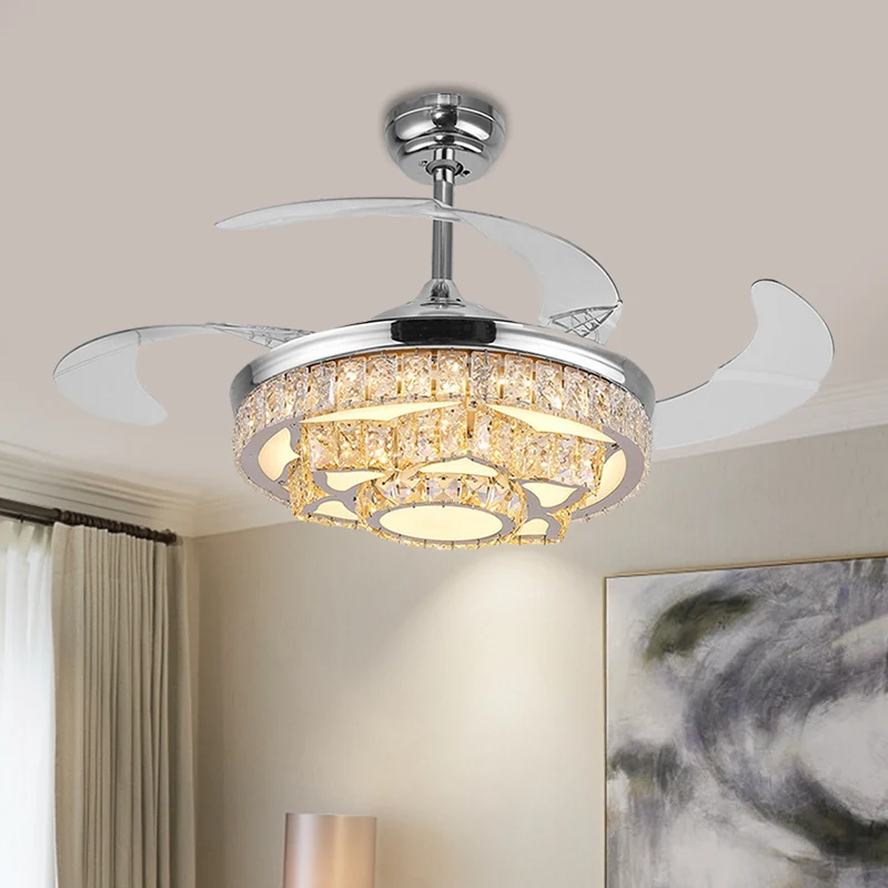 Eenvoudige Lotus hangende ventilatorlamp Kristalblok 19-inch brede LED-slaapkamer Semi-inbouwlicht goud/chroom met 4 blade...