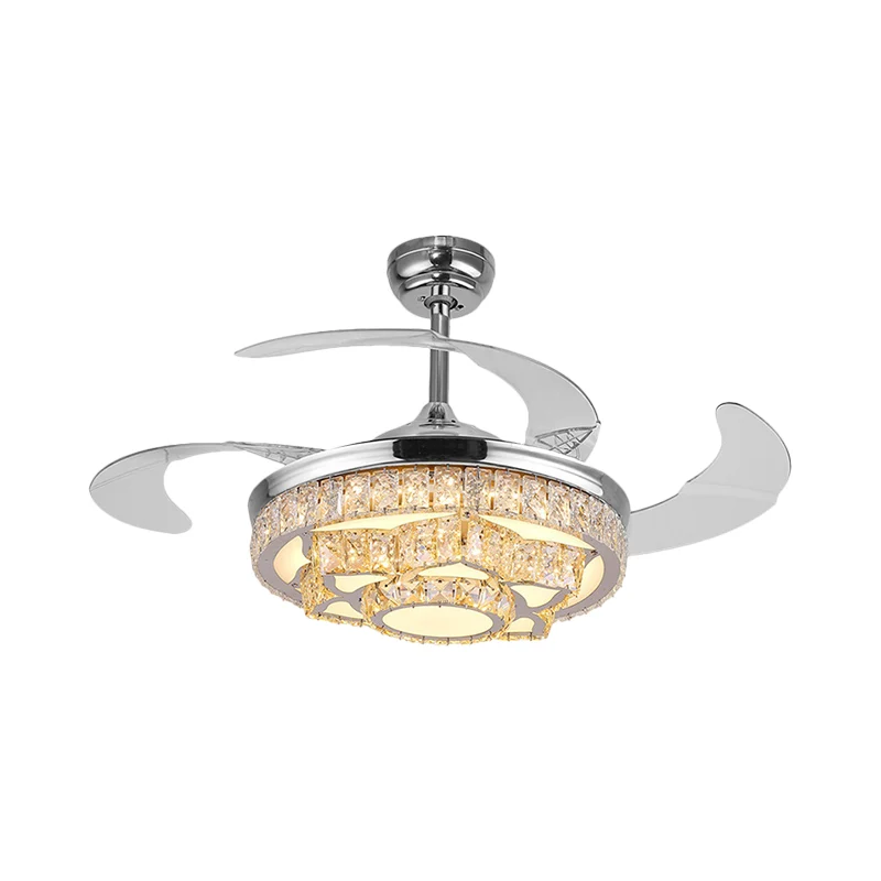 Eenvoudige Lotus hangende ventilatorlamp Kristalblok 19-inch brede LED-slaapkamer Semi-inbouwlicht goud/chroom met 4 blade...