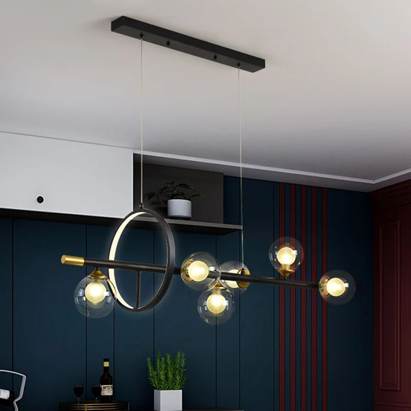 Eenvoudige moleculaire eilandkroonluchter helder glas 4/6-licht eetkamer hanglamp zwart met metalen ring deco Clearhalo