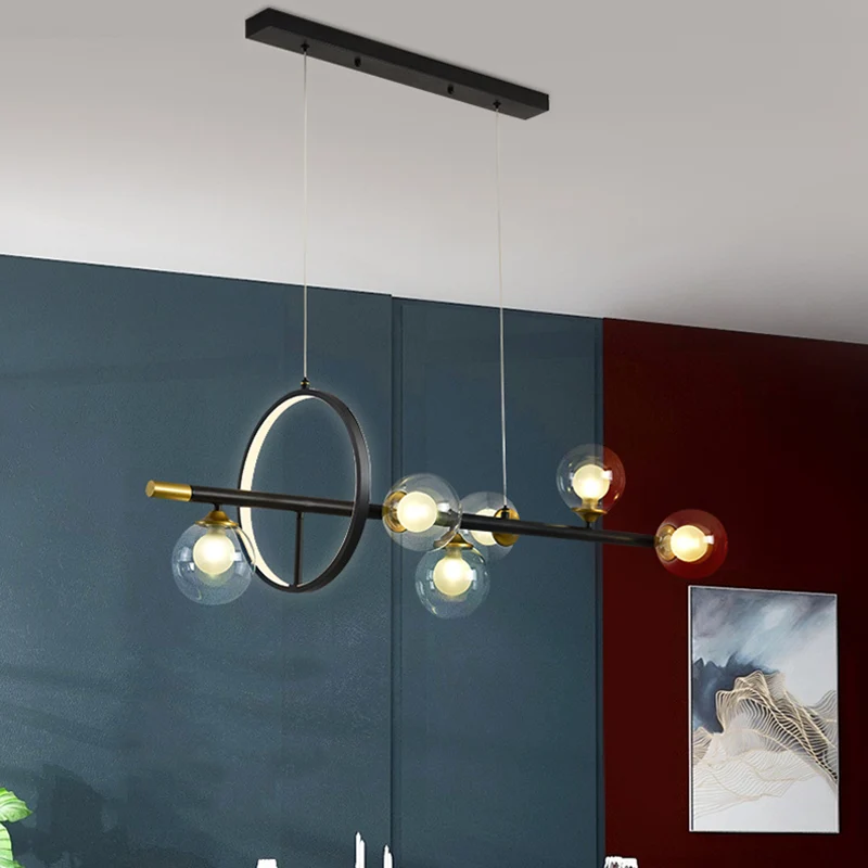Eenvoudige moleculaire eilandkroonluchter helder glas 4/6-licht eetkamer hanglamp zwart met metalen ring deco Clearhalo