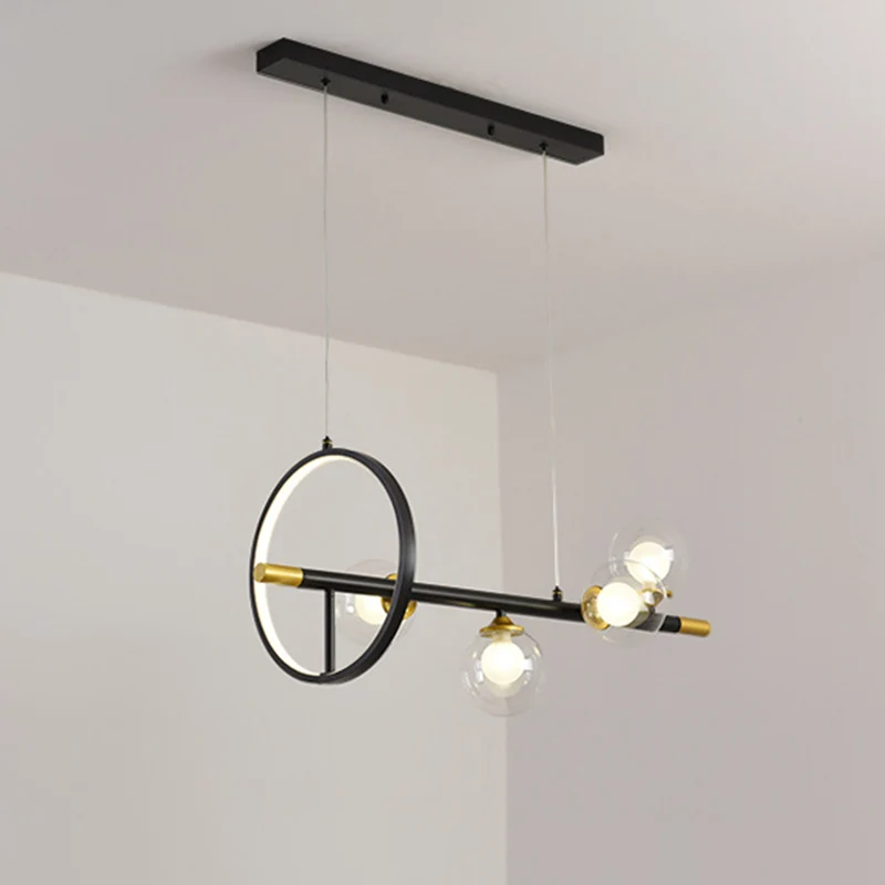 Eenvoudige moleculaire eilandkroonluchter helder glas 4/6-licht eetkamer hanglamp zwart met metalen ring deco Clearhalo