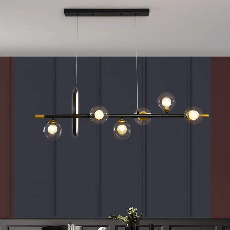 Eenvoudige moleculaire eilandkroonluchter helder glas 4/6-licht eetkamer hanglamp zwart met metalen ring deco Clearhalo