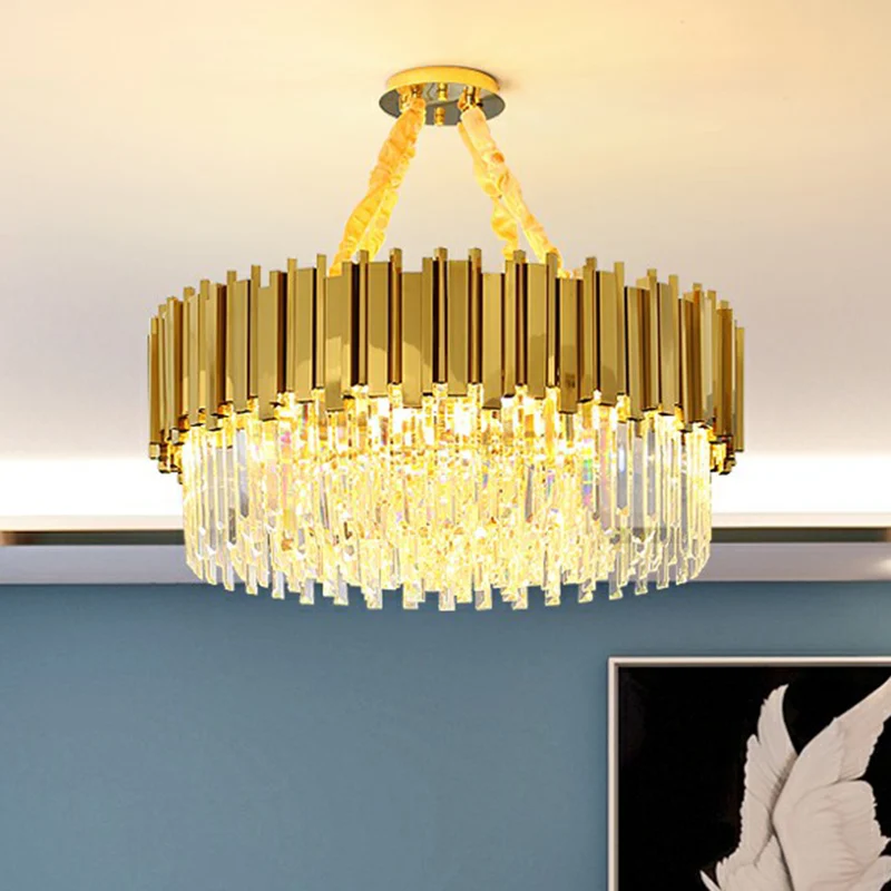 Eenvoudige stijl ophanglicht messing trommelkroonluchter met driezijdige kristallen prismakap Clearhalo