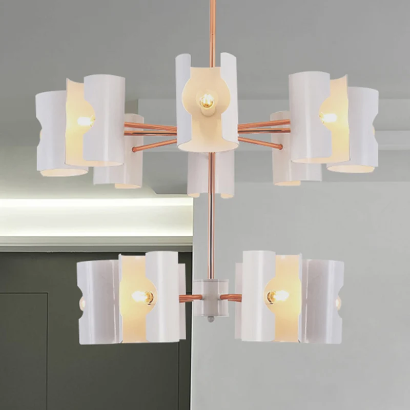 Eetkamer hanglamp met halve cilinder, metaal, meerkoppige moderne witte kroonluchter Clearhalo
