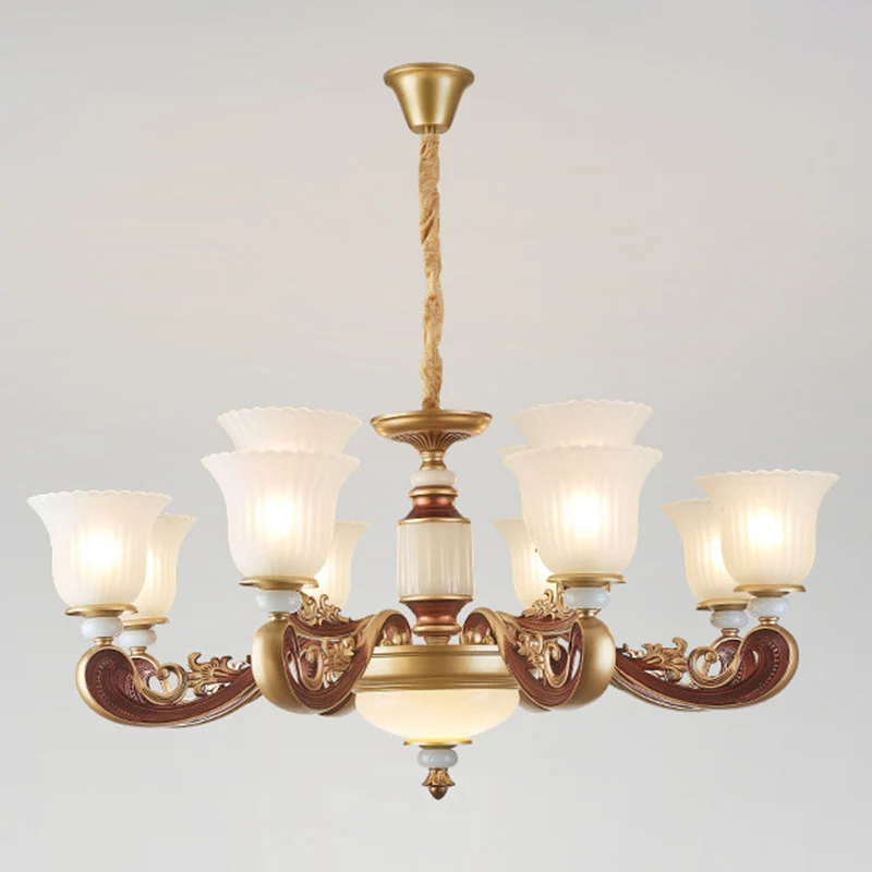 Eetkamerhanglamp Eenvoudige gouden kroonluchter met glazen kap van mat geribbeld glas Clearhalo