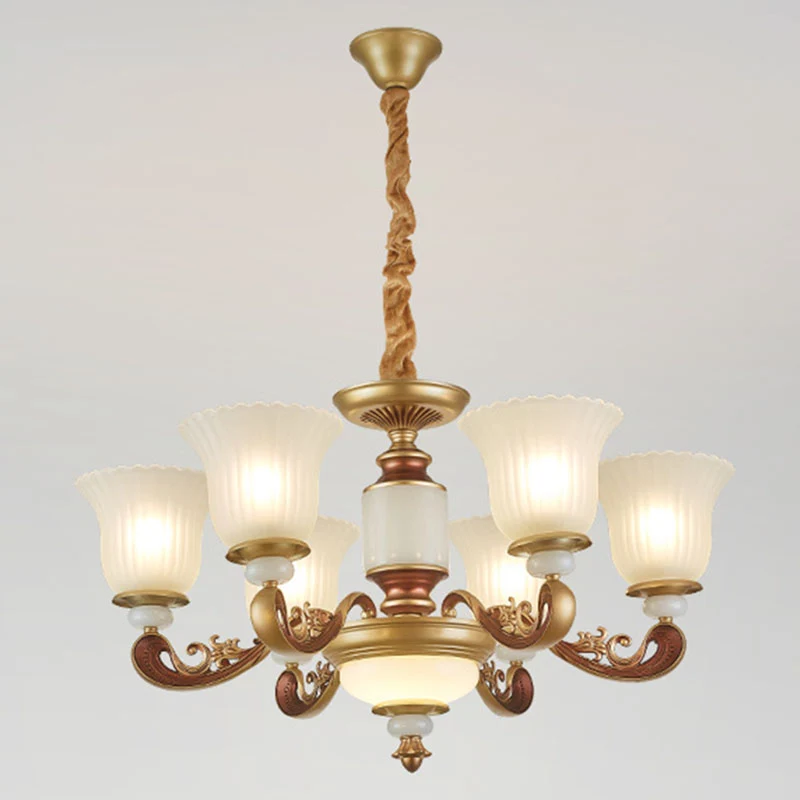 Eetkamerhanglamp Eenvoudige gouden kroonluchter met glazen kap van mat geribbeld glas Clearhalo