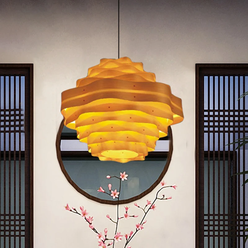 Eetkamerhanglamp met 1 kop Aziëbeige hanglamp met gelaagde houten kap Clearhalo