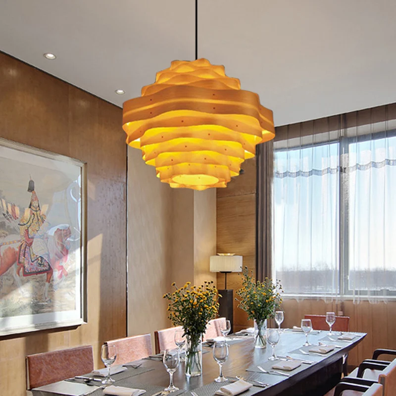 Eetkamerhanglamp met 1 kop Aziëbeige hanglamp met gelaagde houten kap Clearhalo