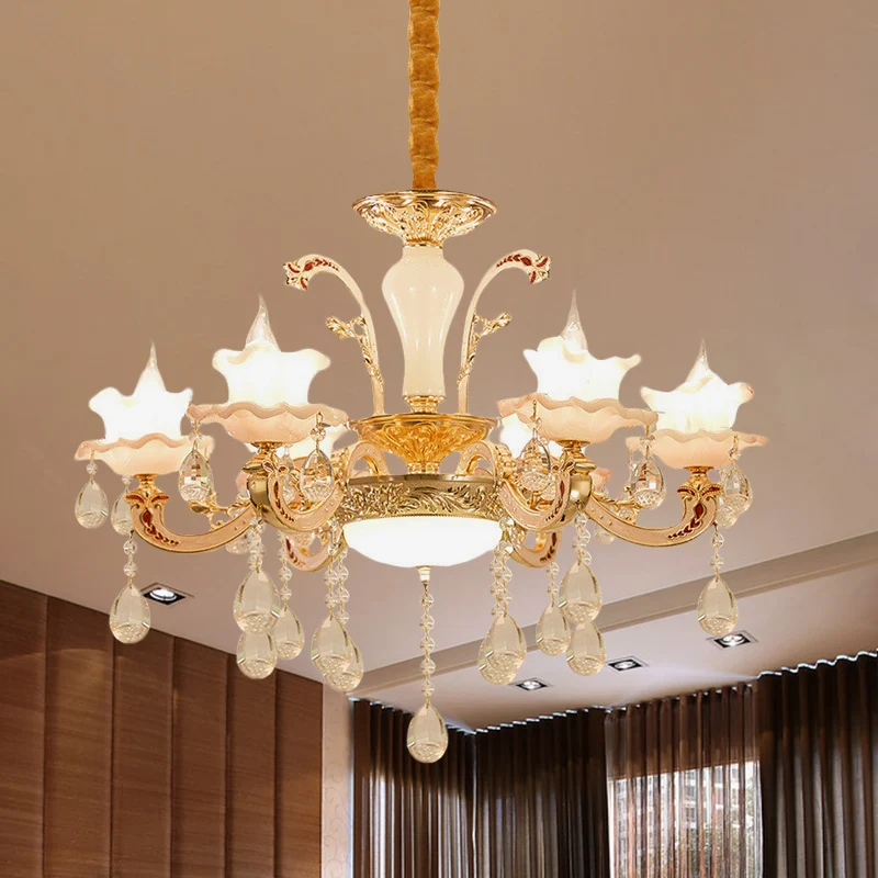 Eettafel hanglamp met ruches, traditioneel roze glas, 6 lampen, gouden hangende verlichtingsarmatuur Clearhalo