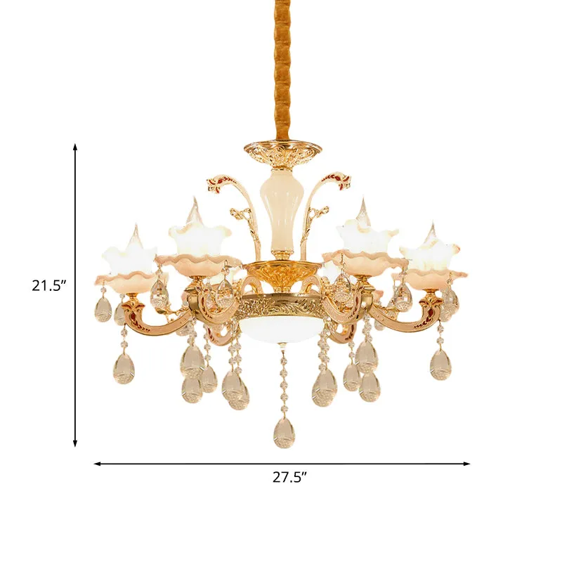 Eettafel hanglamp met ruches, traditioneel roze glas, 6 lampen, gouden hangende verlichtingsarmatuur Clearhalo