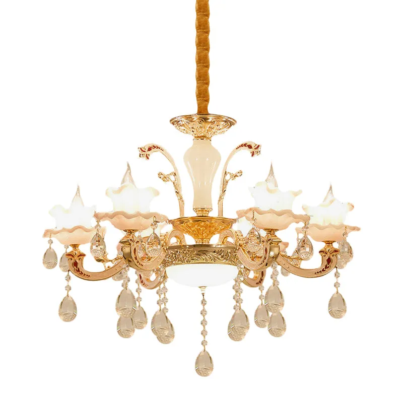 Eettafel hanglamp met ruches, traditioneel roze glas, 6 lampen, gouden hangende verlichtingsarmatuur Clearhalo