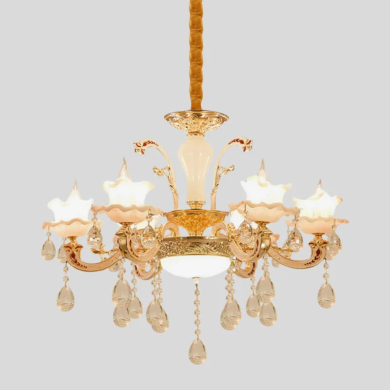Eettafel hanglamp met ruches, traditioneel roze glas, 6 lampen, gouden hangende verlichtingsarmatuur Clearhalo