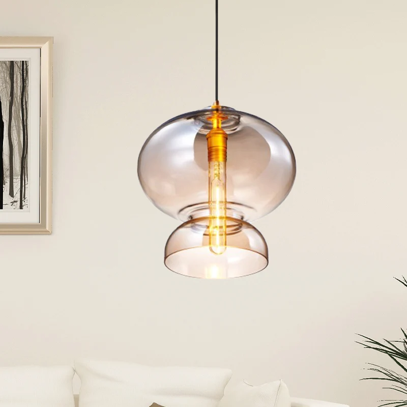 Eigentijds gebogen plafondlamp blauw/cognac glas 1 lamp restaurant hangende verlichtingsarmatuur, 10"/11" breed Clearhalo