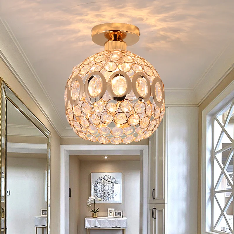 Eigentijdse 1-lichts semi-inbouwmontage met kristallen en metalen kap Gouden koepelplafondlamp Clearhalo