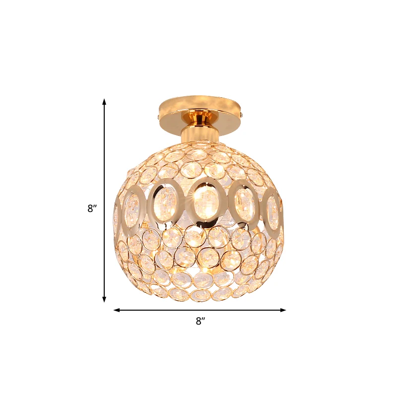Eigentijdse 1-lichts semi-inbouwmontage met kristallen en metalen kap Gouden koepelplafondlamp Clearhalo