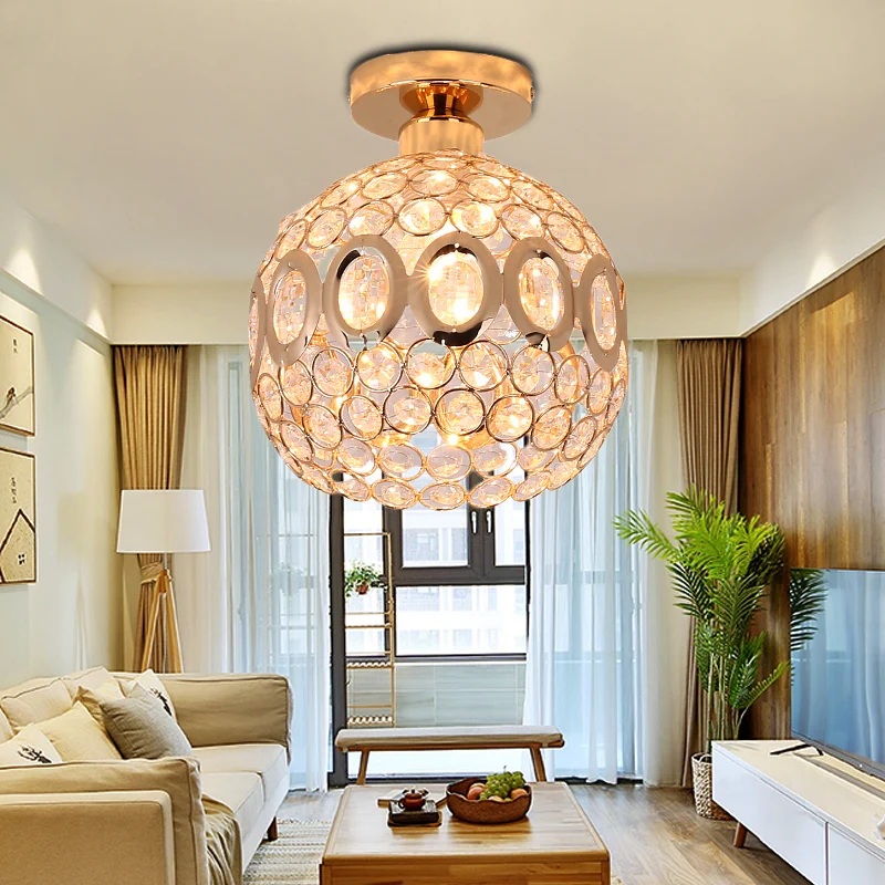 Eigentijdse 1-lichts semi-inbouwmontage met kristallen en metalen kap Gouden koepelplafondlamp Clearhalo
