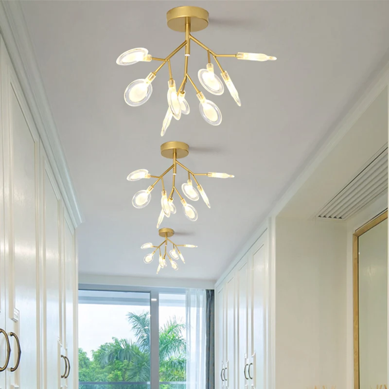 Eigentijdse 9-koppige plafondlamp bladgoud semi-inbouwlamp met acrylkap voor veranda Clearhalo