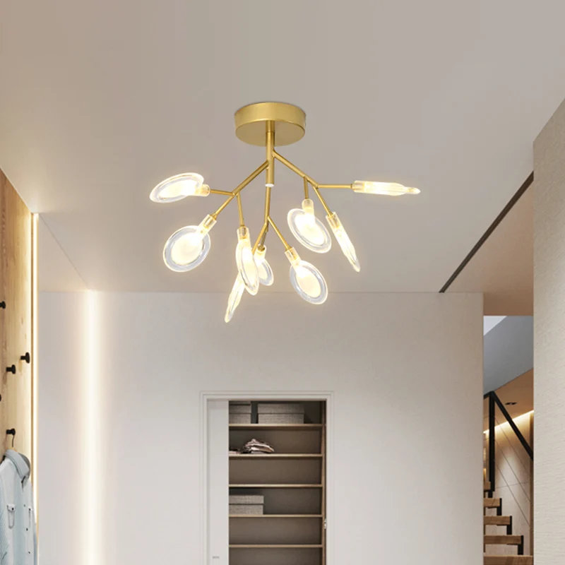 Eigentijdse 9-koppige plafondlamp bladgoud semi-inbouwlamp met acrylkap voor veranda Clearhalo