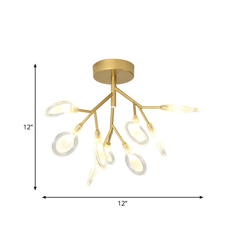 Eigentijdse 9-koppige plafondlamp bladgoud semi-inbouwlamp met acrylkap voor veranda Clearhalo