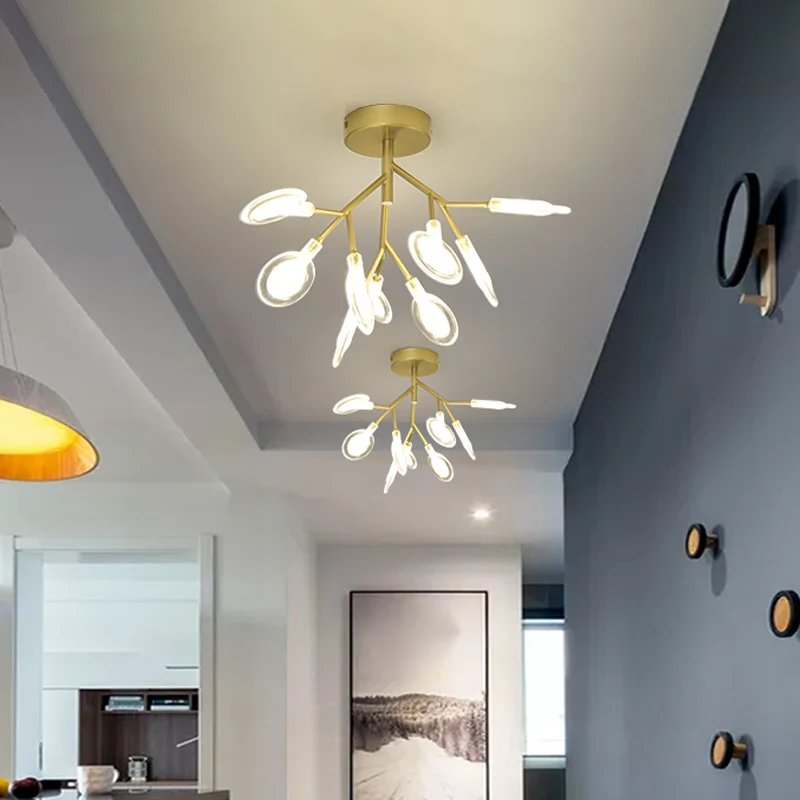 Eigentijdse 9-koppige plafondlamp bladgoud semi-inbouwlamp met acrylkap voor veranda Clearhalo