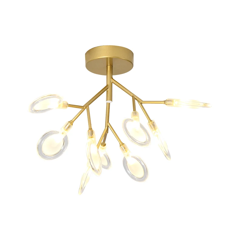 Eigentijdse 9-koppige plafondlamp bladgoud semi-inbouwlamp met acrylkap voor veranda Clearhalo