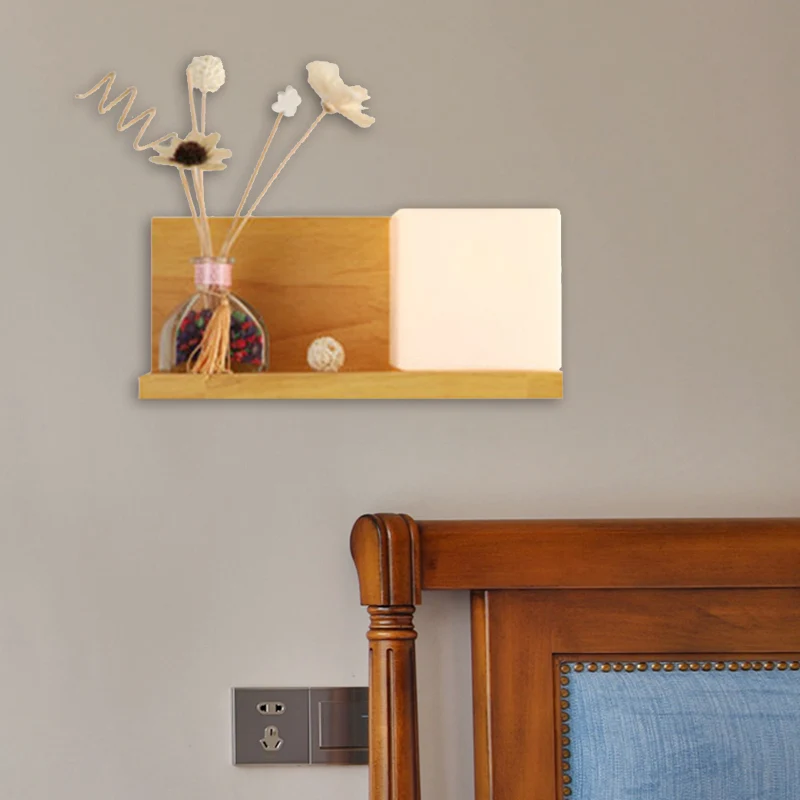 Eigentijdse beige wandlamp met nep-plant deco kubuskap 1 licht hout en melkglas schanslamp voor slaapkamer Clearhalo