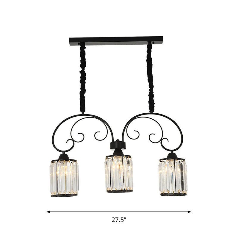 Eigentijdse cilindereilandlamp met 3 koppen helder kristallen blokhanger zwart met scrollende arm Clearhalo