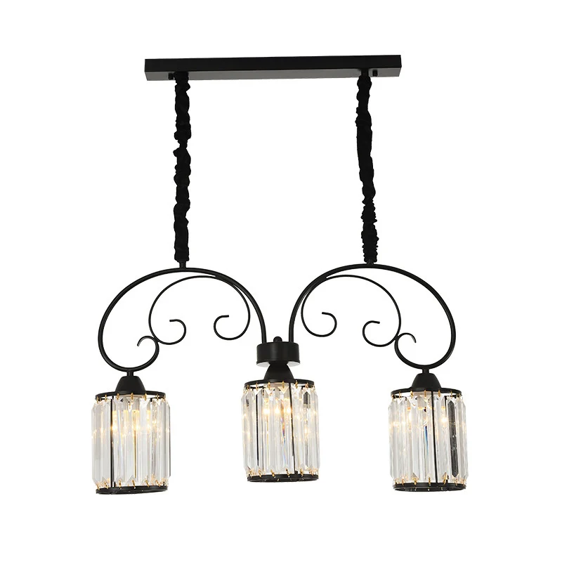Eigentijdse cilindereilandlamp met 3 koppen helder kristallen blokhanger zwart met scrollende arm Clearhalo