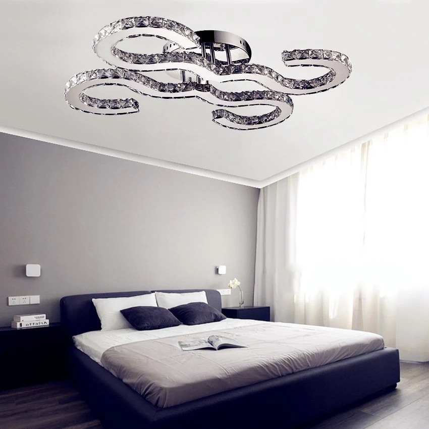 Eigentijdse gebogen plafondlamp kristal en metaal warm/wit/3 kleuren verlichting schanslicht chroom voor slaapkamer Clearhalo