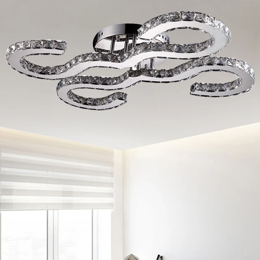 Eigentijdse gebogen plafondlamp kristal en metaal warm/wit/3 kleuren verlichting schanslicht chroom voor slaapkamer Clearhalo