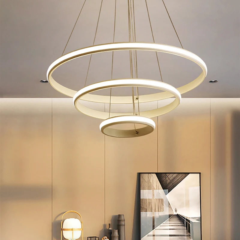 Eigentijdse gelaagde cirkelkroonluchter, lichte aluminium woonkamer LED-hanglamp wit Clearhalo