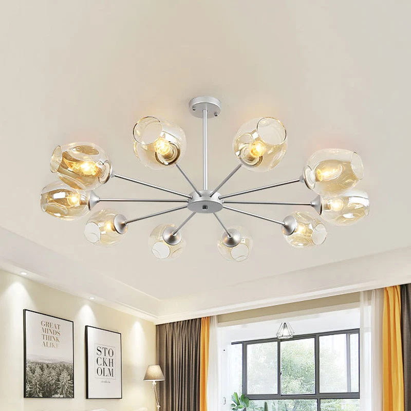 Eigentijdse hangende hanglamp met 10 lampen, zilveren beker en amberkleurige glazen kap Clearhalo