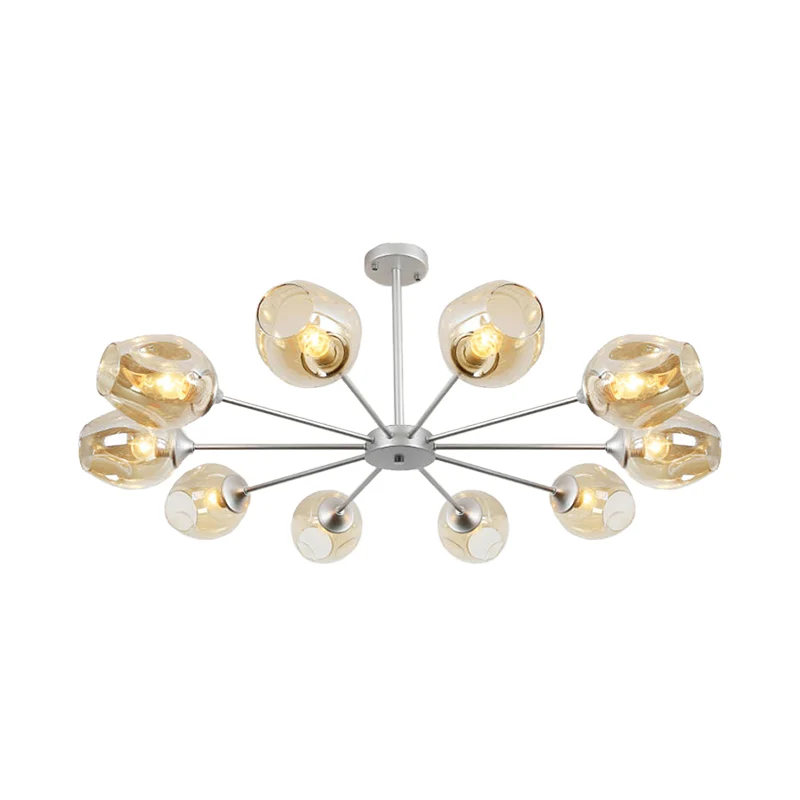 Eigentijdse hangende hanglamp met 10 lampen, zilveren beker en amberkleurige glazen kap Clearhalo