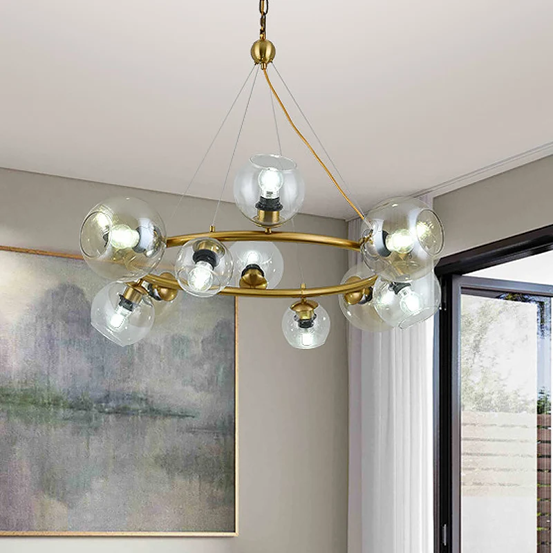 Eigentijdse hanglamp met 12 lampen en helderglazen kap, messing ronde hangende plafondlamp Clearhalo