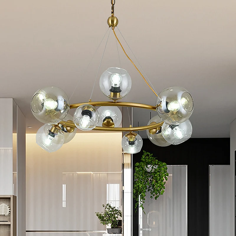 Eigentijdse hanglamp met 12 lampen en helderglazen kap, messing ronde hangende plafondlamp Clearhalo