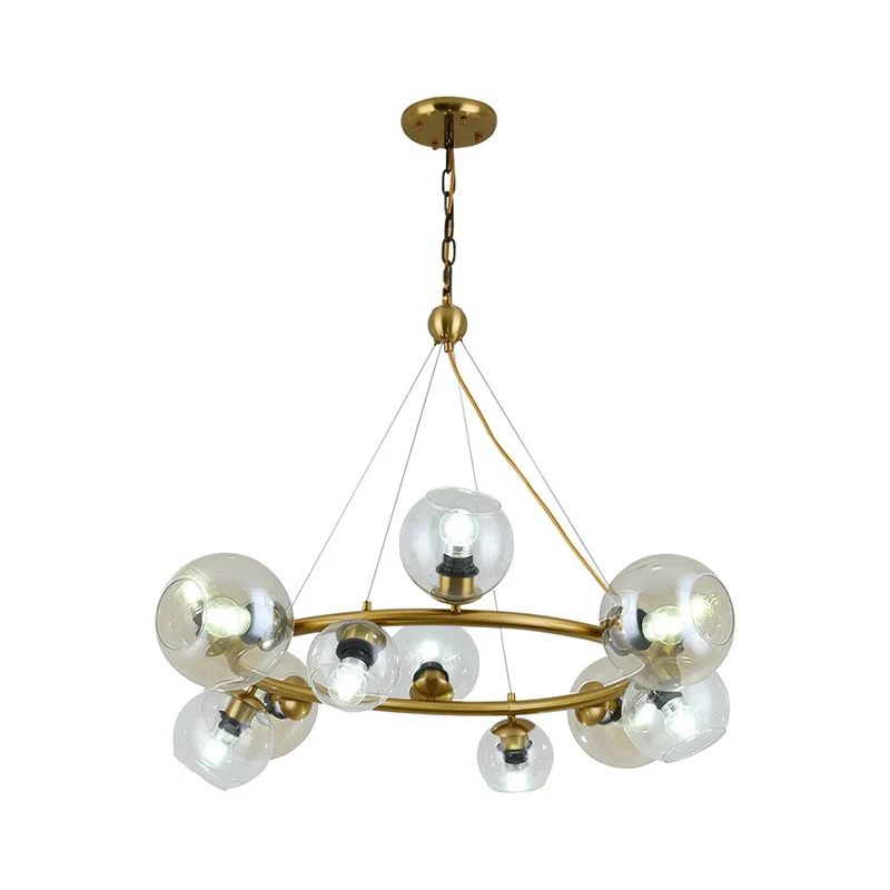 Eigentijdse hanglamp met 12 lampen en helderglazen kap, messing ronde hangende plafondlamp Clearhalo