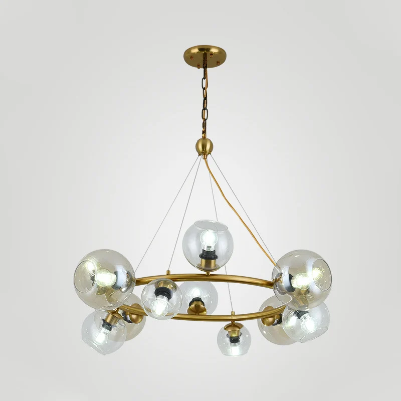 Eigentijdse hanglamp met 12 lampen en helderglazen kap, messing ronde hangende plafondlamp Clearhalo