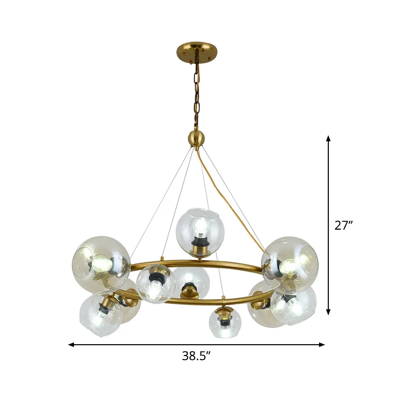 Eigentijdse hanglamp met 12 lampen en helderglazen kap, messing ronde hangende plafondlamp Clearhalo