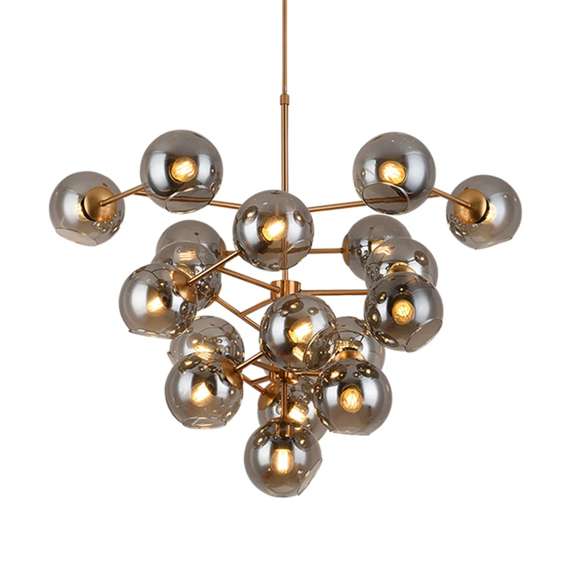 Eigentijdse kroonluchter druivenvorm, 19 koppen, rookglazen hanglamp messing voor hotel Clearhalo