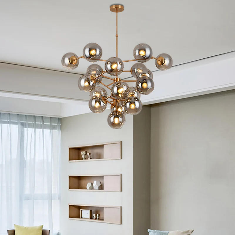 Eigentijdse kroonluchter druivenvorm, 19 koppen, rookglazen hanglamp messing voor hotel Clearhalo