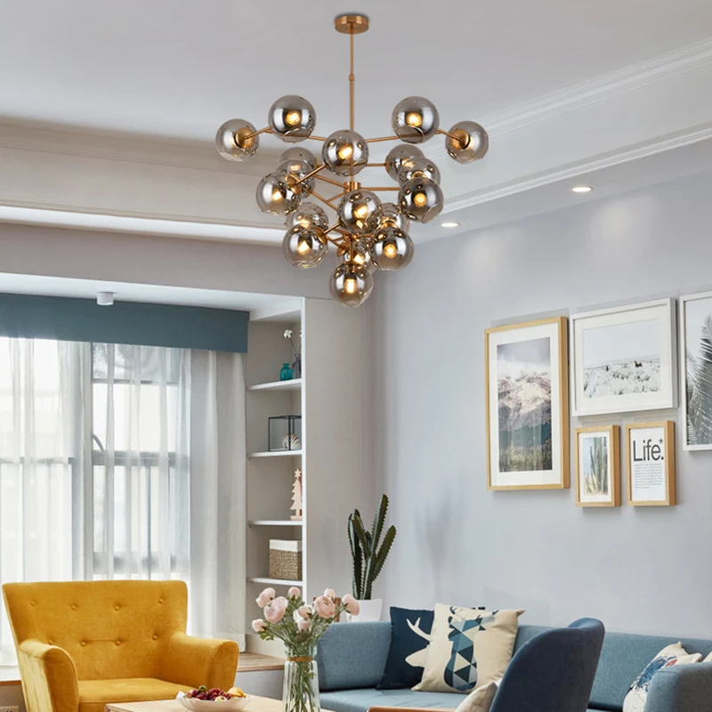 Eigentijdse kroonluchter druivenvorm, 19 koppen, rookglazen hanglamp messing voor hotel Clearhalo