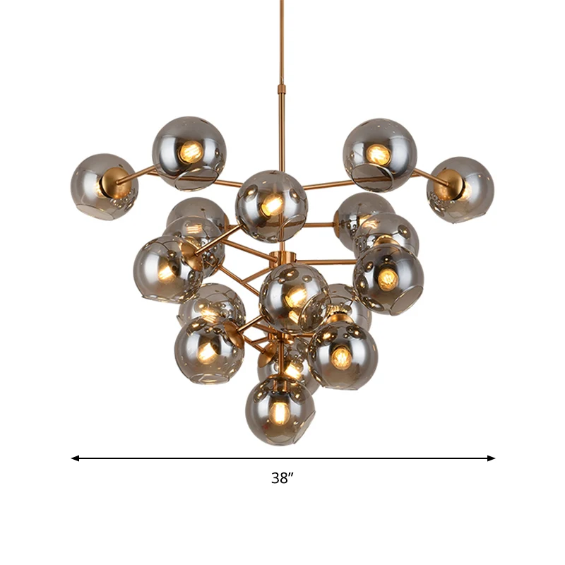 Eigentijdse kroonluchter druivenvorm, 19 koppen, rookglazen hanglamp messing voor hotel Clearhalo